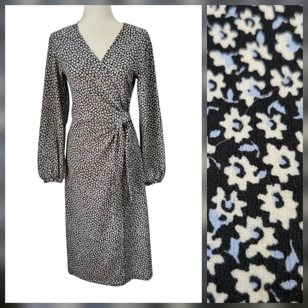 H&M Midi Wrap Dress Sz S Ditsy Blue Floral Long Balloon Sleeve V Neck Tie Waist